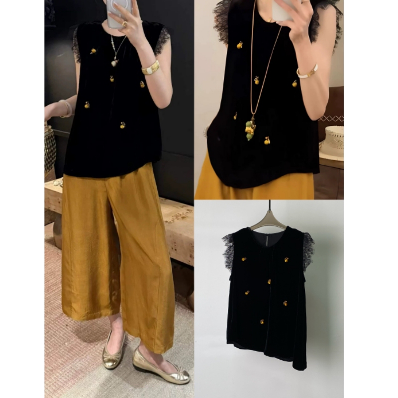 Shenzhen Yipin 2026 Summer New Fashion Round Neck Beaded Silk Velvet Patchwork Lace Age-Reducing Shirt Top for Women Shenzhen Yipin 2026 Summer New Fashion Round Neck Beaded Silk Velvet Patchwork Lace Age-Reducing Shirt Top for Women