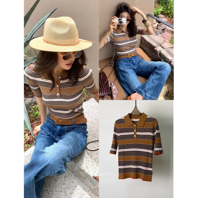 Shenzhen Yipin 26 Early Autumn New Fashion Polo Collar Color-Block Striped Wool Knit Slim-Fit Short-Sleeve Top for Women