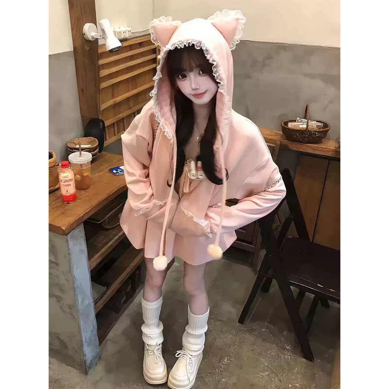 Cute Casual Sports Suit for Women, Spring and Autumn New Style, Lace Cat Ear Hooded Cardigan Sweatshirt and Short Skirt Two-Piece Set, Trendy