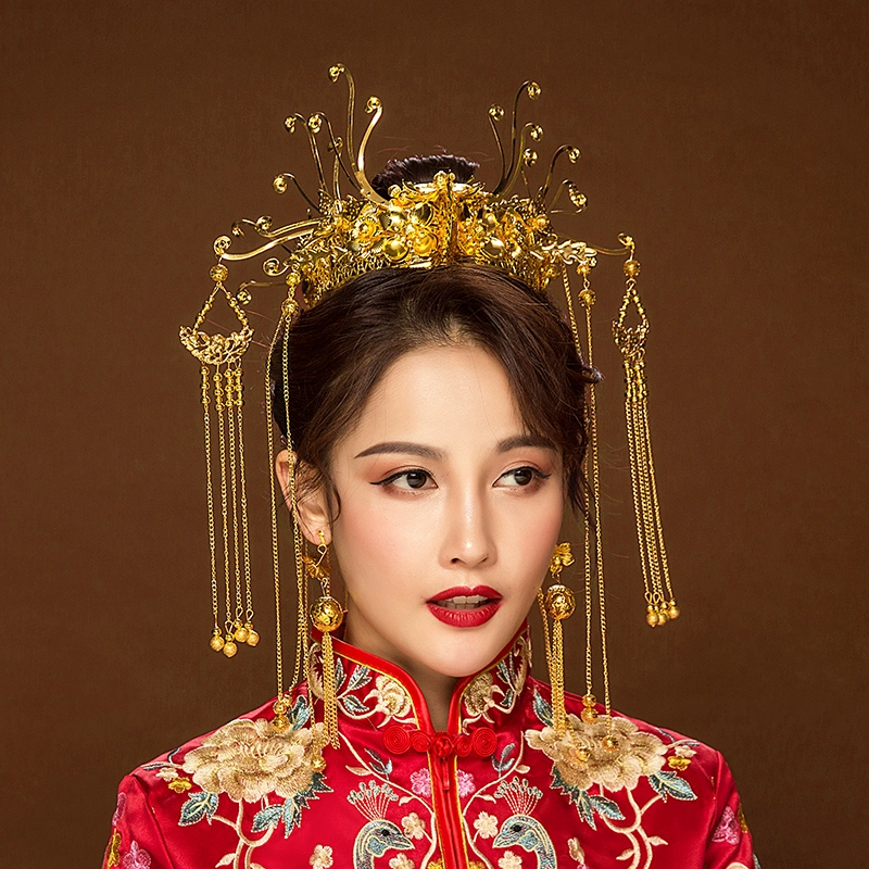 Cô dâu vương miện vàng tròn trang phục cổ trang Trung Quốc đội mũ kimono Xiuhe kimono Phượng hoàng vương miện tóc dải dài tua váy cưới phụ kiện tóc - Phụ kiện tóc