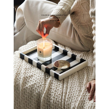 Miyu home natural black and white striped marble home bathroom rectangular tea set storage table tray placement