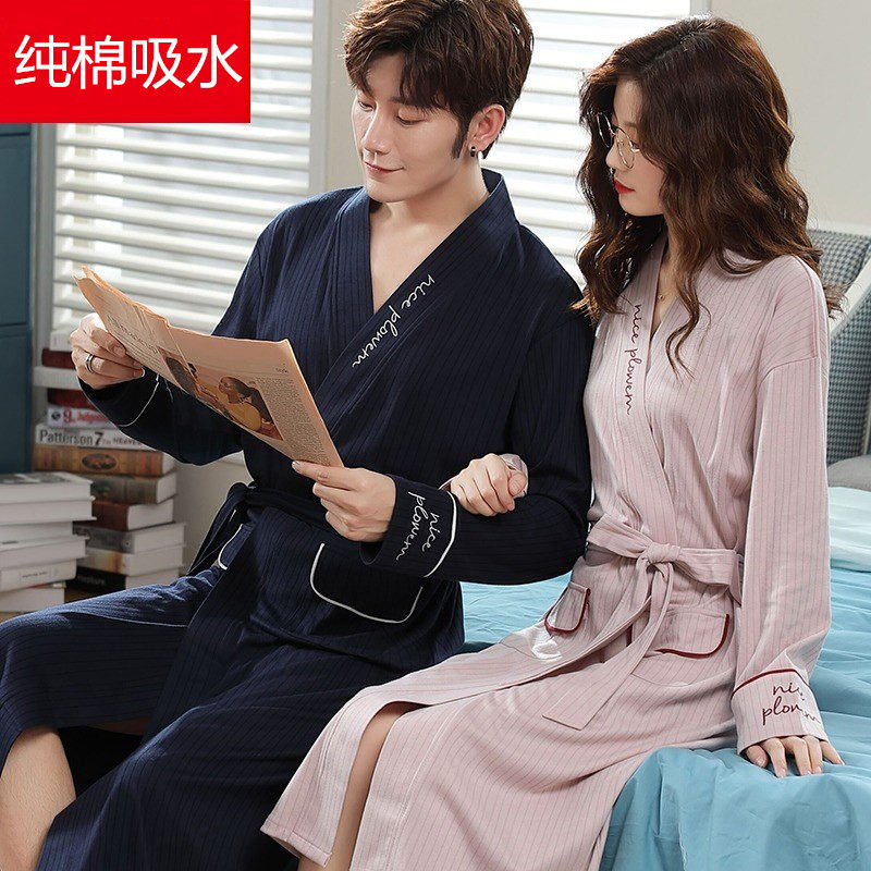 Couple nightgown women spring and autumn cotton long sleeve men's bathrobe water absorption quick-drying cotton hotel home clothing morning gown NP