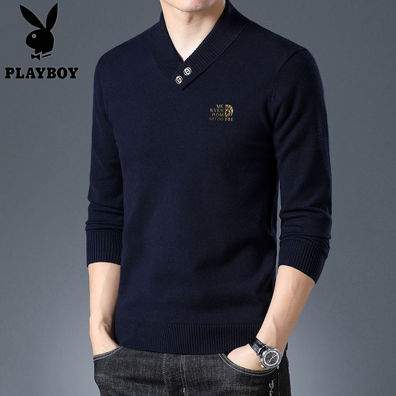 Playboy Autumn/Winter Men's V-Neck Wool Sweater for Dad, Thickened Solid Color Warm Base Layer Sweater