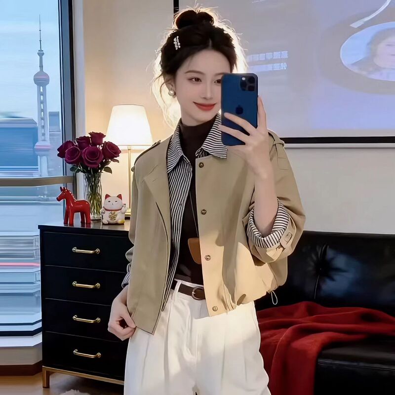 Striped Patchwork Faux Two-Piece Trench Coat for Women, Early Spring 2026 New Style, Loose Fit, Slimming, Short Jacket for Petite Figures, Trendy