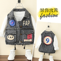 Childrens denim Machia jacket boy Autumn and Han version Ocean Qi Tide Child Clothing Spring Autumn Middle Children Marclamping Kan Shoulder Outside
