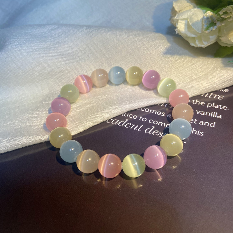 Rainbow-Colored Cat's Eye Stone Bracelet for Girls, Colorful Macaron Candy-Colored Children's Bracelet, Dopamine Kids' Beaded Bracelet