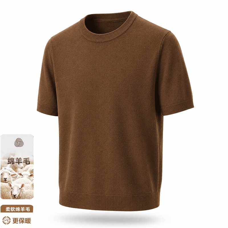 [100% Wool] Autumn and Winter Short-Sleeved Sweater for Men, Warm Knitted Base Layer Wool Sweater, Round Neck, Soft and Casual
