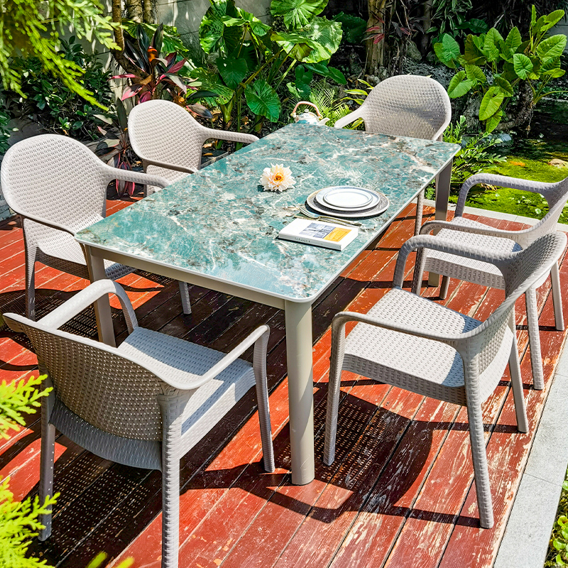 Outdoor Tables and Chairs for Courtyard Gardens, Villas, and Open-Air Settings; Niche Amazon Green Slate Dining Table and Leisure Table and Chair Set