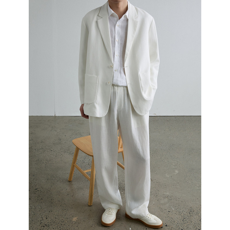 Mr Mukok Old Money Style White Lyocell Linen Casual Suit Set for Men, Loose Fit, High-End Suit Jacket
