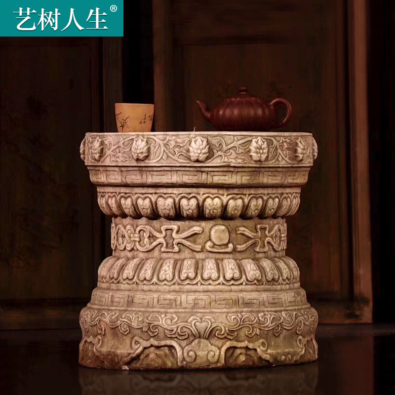Stone carving tea table Han Baiyu old courtyard indoor stone table viewing stone seat finely carved stone Xumi seat large flower table tea table