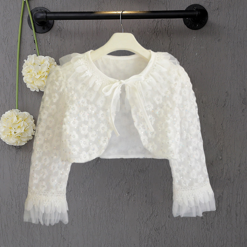 Girls lace shawl small coat spring and autumn children's white wedding dress with flower girl and princess skirt cardigan for big children