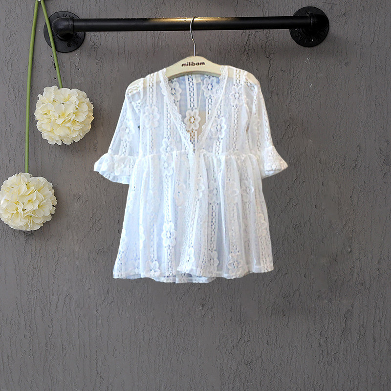 Girl's dress small coat middle long lace outer with girl's shoulder sunscreen children white sweater thin