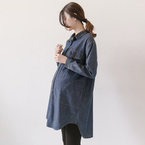 Maternity spring top 2020 new large size dress loose long sleeve maternity denim shirt medium long section spring and autumn