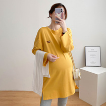 Large code gestational woman in fall 200 catty blouses pure cotton loose Han version Long sleeves T-shirt pregnant woman autumn display slim fit dress
