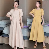 Maternity dress summer long short-sleeved top net red maternity dress tide 2020 summer models square collar dress summer A-line skirt