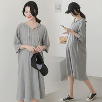 Summer maternity top Korean version of the tide mother hooded short-sleeved t-shirt dress loose summer cotton maternity dress summer