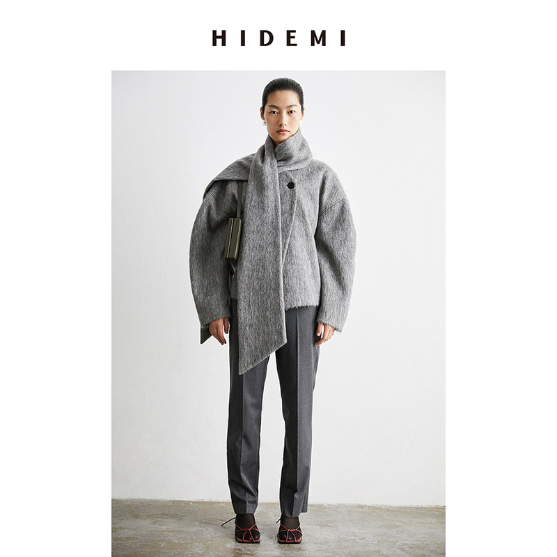 HIDEMI ink grey imported mohair detachable scarf design short cocoon two-piece coat