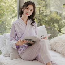 Womens long-sleeved Japanese pajamas Womens spring and Autumn cotton thin retro sexy lace-up cotton kimono Japanese home wear