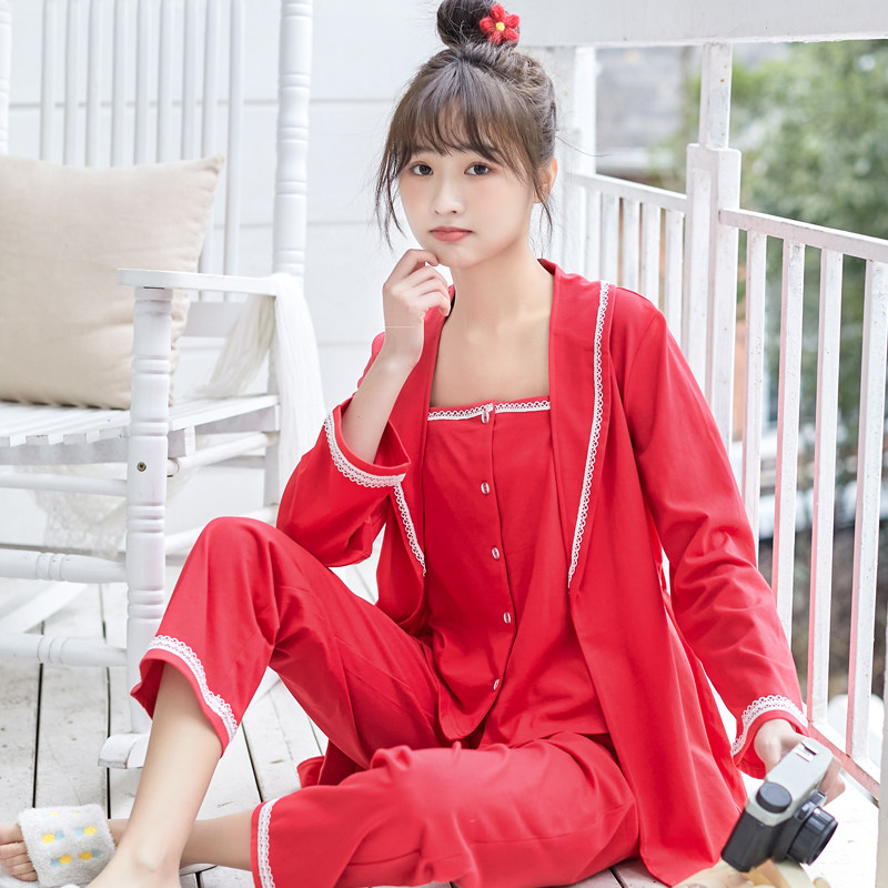Red Pyjamas Women's Life Year Pure Cotton New Harnesses Long Sleeves Three Sets Cute Sexy Fashion Tiger Year Home Clothes