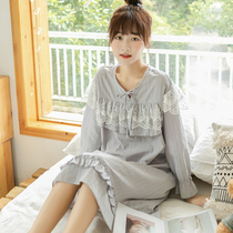 Cute Pure Desire Sleeping Dress Woman Spring Autumn Style Pure Cotton Long Sleeve Sweet lotus leaf Side Korean version of all-cotton Girl Princess Wind Sleeping