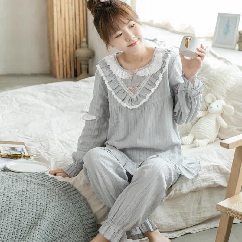 Teenage Girl Cute Cover Sleepwear Woman Pure Cotton Long Sleeves Two Sets 2021 New Full Cotton Fall Sweet Princess Wind