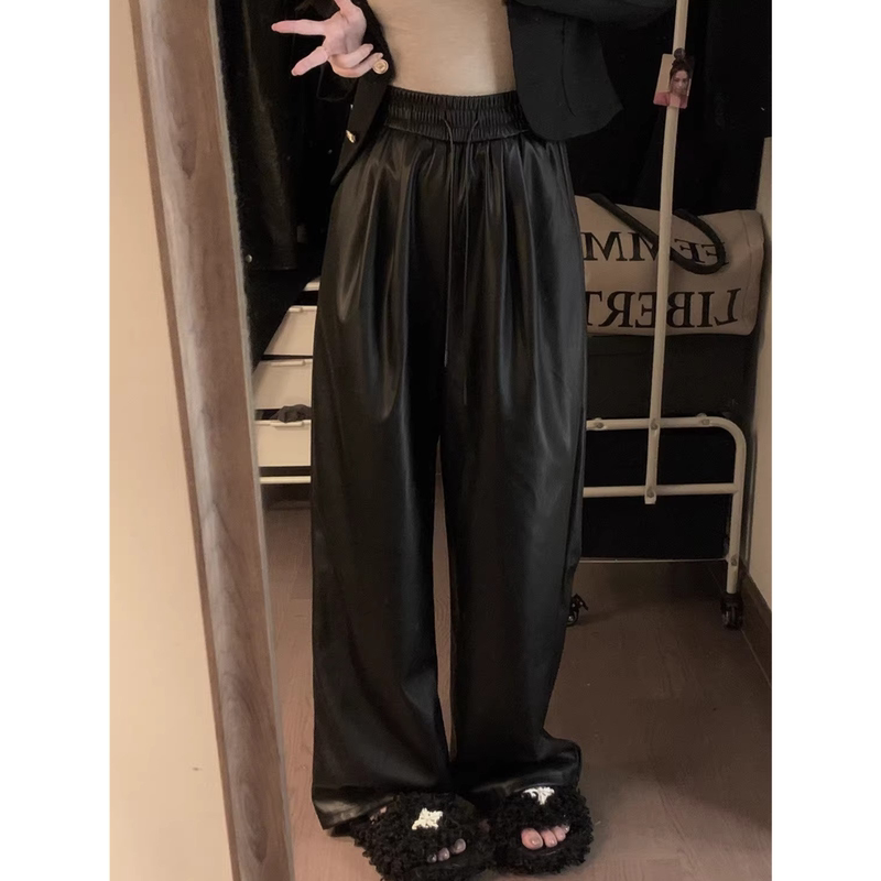 Plus Size Black Leather Pants Wide-Leg Pants for Women Spring and Autumn Matte Pu Leather Brushed Casual Pants Loose Straight Long Pants