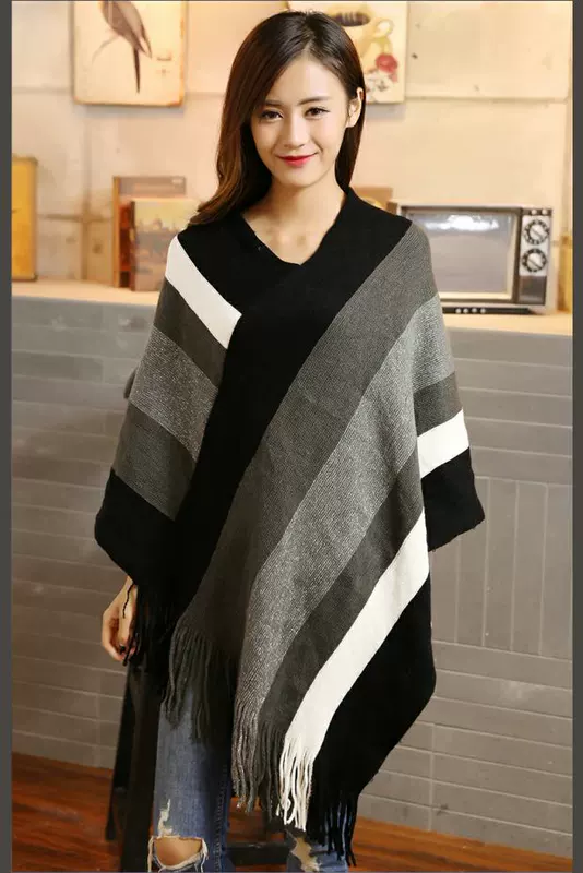 Mùa xuân 2019 mới của phụ nữ Hàn Quốc áo thun tua rua áo len cape áo choàng len sọc áo khoác mùa thu - Đan Cardigan