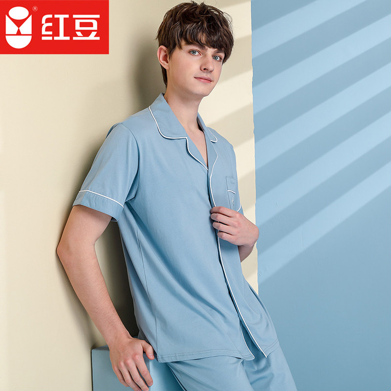 Red bean spring summer couple home wear men's 100% cotton trousers men's cotton pajamas set men's short sleeves can be worn outside