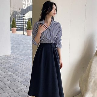 Korean chic autumn french light luxury fashion temperament striped patchwork waist shirt dress