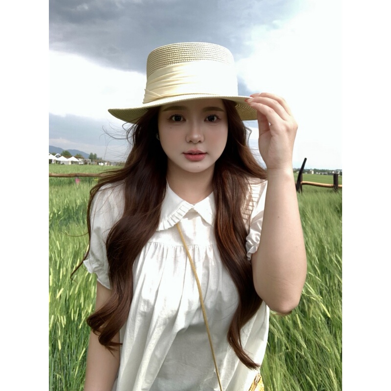 White Dress for Women with a Slightly Chubby Figure, Summer Short-Sleeve Peter Pan Collar, Shoulder Ruching, Sweet Style