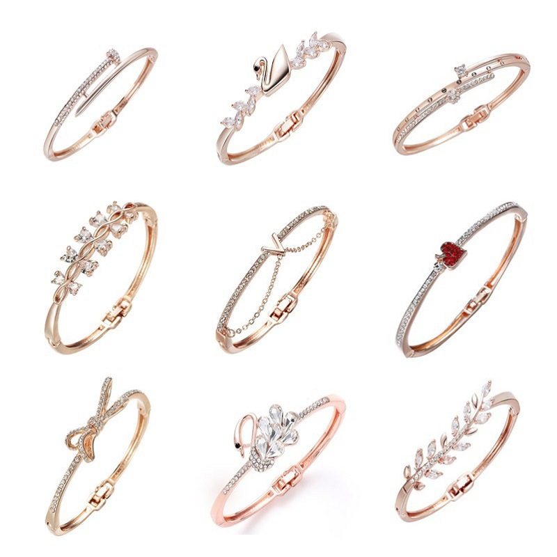 2020 New Color Preserving Zircon Bracelet Crystal Diamond Rose Gold Love Leaf Bow Swan Hand