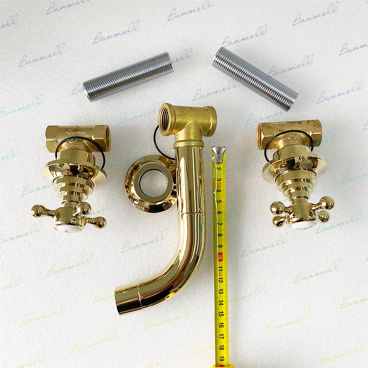 Exported to the UK through WS, the original single NP mouth, golden retro ceramic double handle, concealed into the wall basin faucet