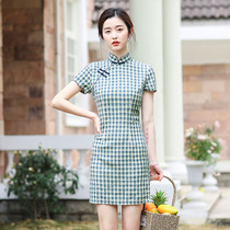 Plaid short cheongsam 2021 new young Chinese style girl retro slim modified version dress summer