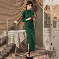 Green lace long cheongsam autumn winter wear 2021 New Women retro long sleeve thick warm improved dress