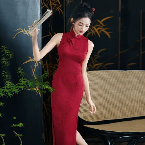 Красное ципао без рукавов, легкий сексуальный приталенный корсет, свадебное платье, китайский стиль, светлый стиль