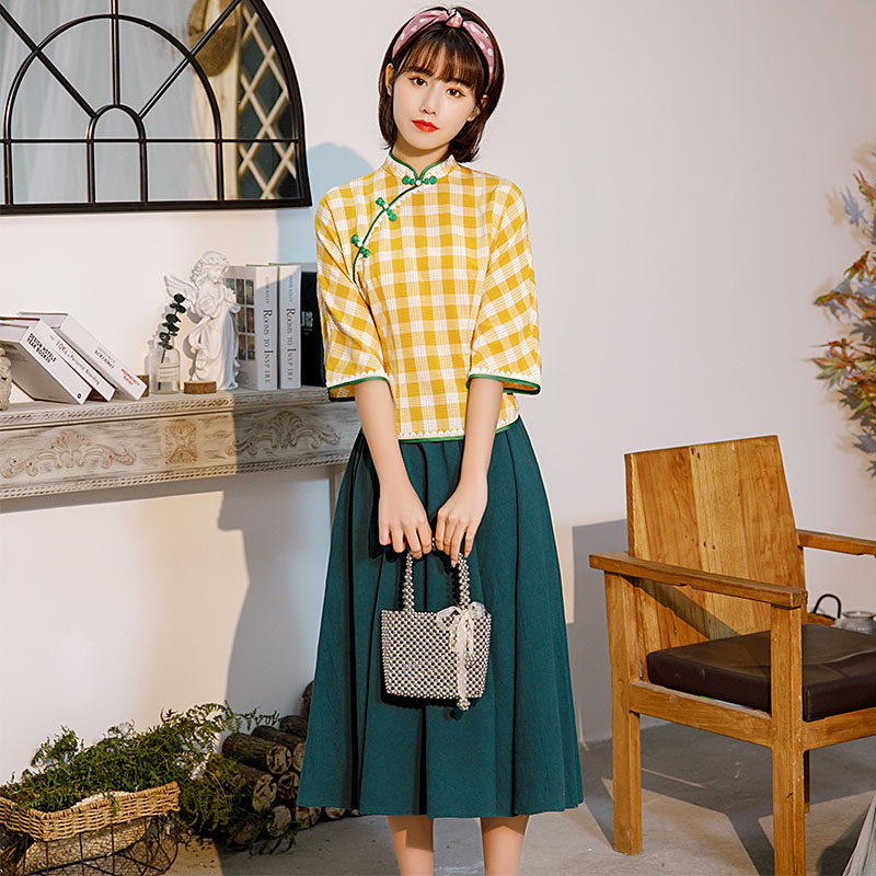 Ethnic style tang dress women's cheongsam blouse Girls Chinese style retro short sleeve modified version of the suit two-piece dress