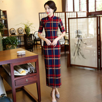 Plaid long 2021 new young female retro slim short sleeve traditional dress modified dress summer