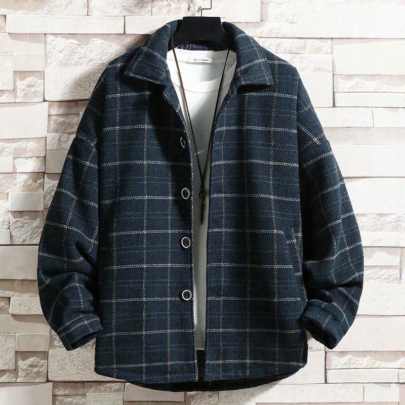 2020 Plaid Jacket for Men, Casual Spring and Autumn Single-Breasted Loose Fit Japanese Style Lapel Youth Short Woolen Coat