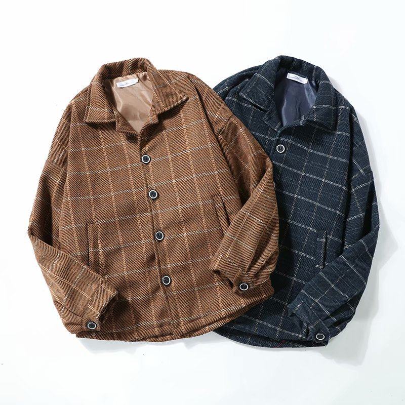 2020 Plaid Jacket for Men, Casual Spring and Autumn Single-Breasted Loose Fit Japanese Style Lapel Youth Short Woolen Coat