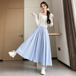 Plus-Size Women's Blue A-Line Skirt for Spring and Summer, High-Waisted, Slimming, with Drape, Suitable for Petite Women, Yamamoto Style Half Skirt