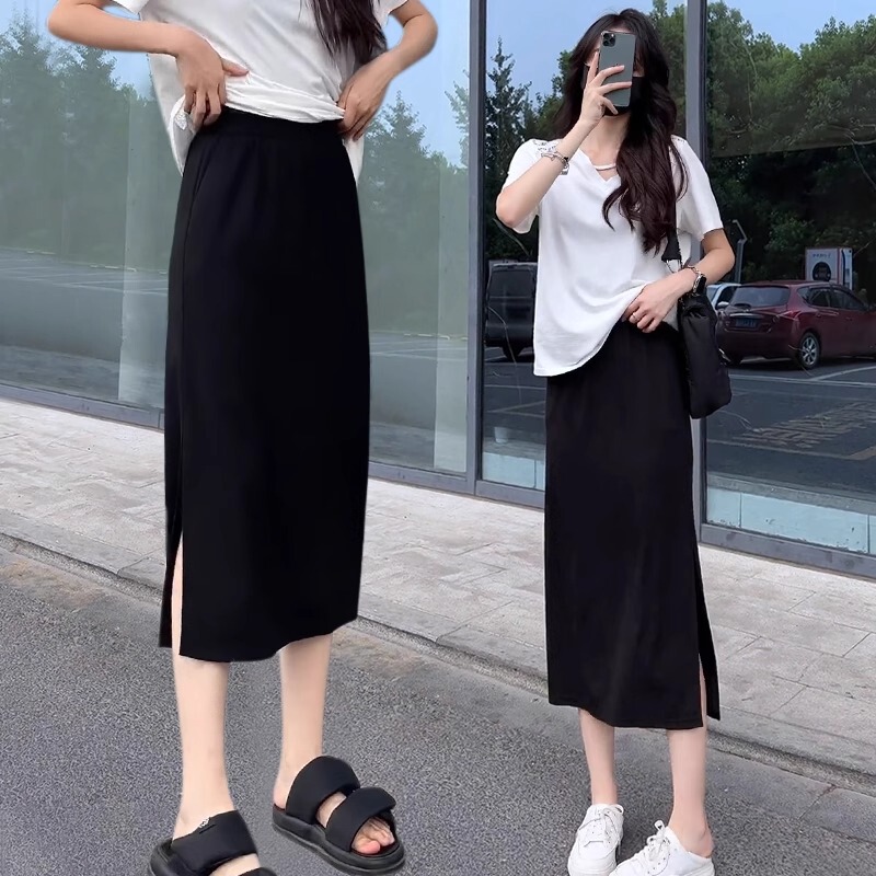 Plus Size Black Skirt for Women, Summer New Style, High-Waisted, Slimming, Hip-Covering, Slit, Mid-Length, Straight, Bodycon Skirt
