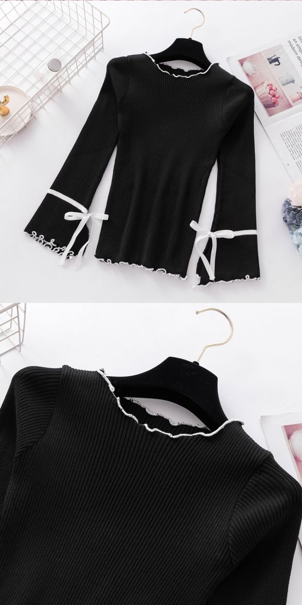 2019 mùa thu mới tay áo kèn xéo đan áo len bó sát áo len nữ dài tay chạm đáy áo sơ mi - Đan Cardigan áo khoác cardigan