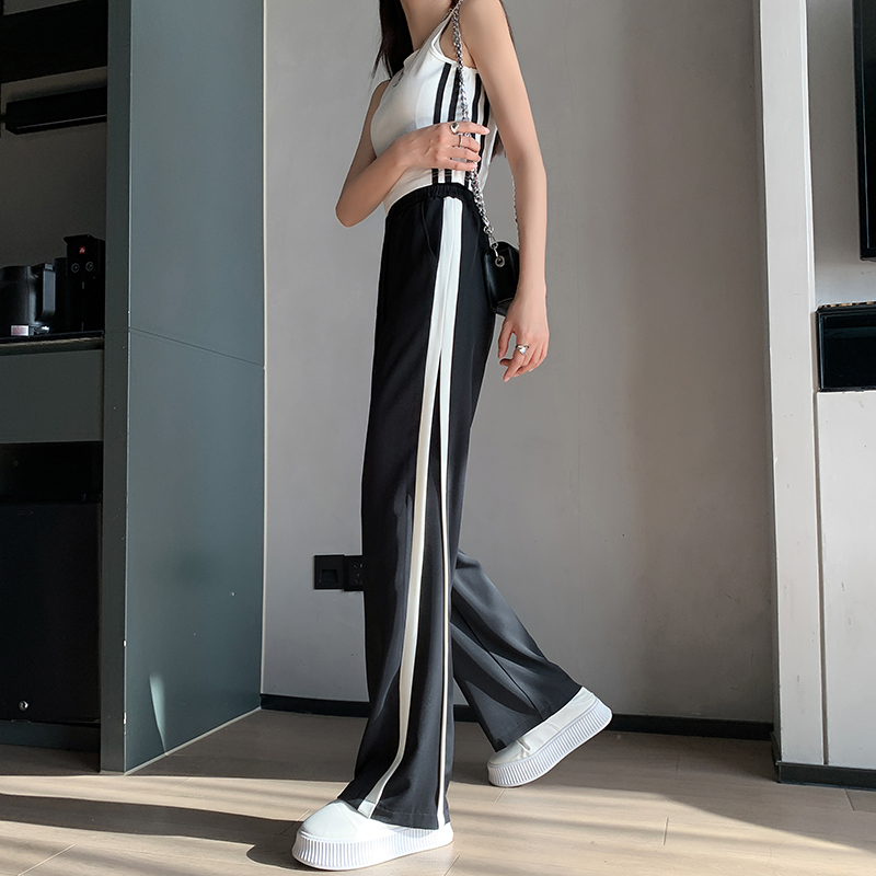 Korean Ice Silk Striped Wide Pants Woman 2022 Summer new high waist loose Lean Covety Straight Drum Sporting Pants