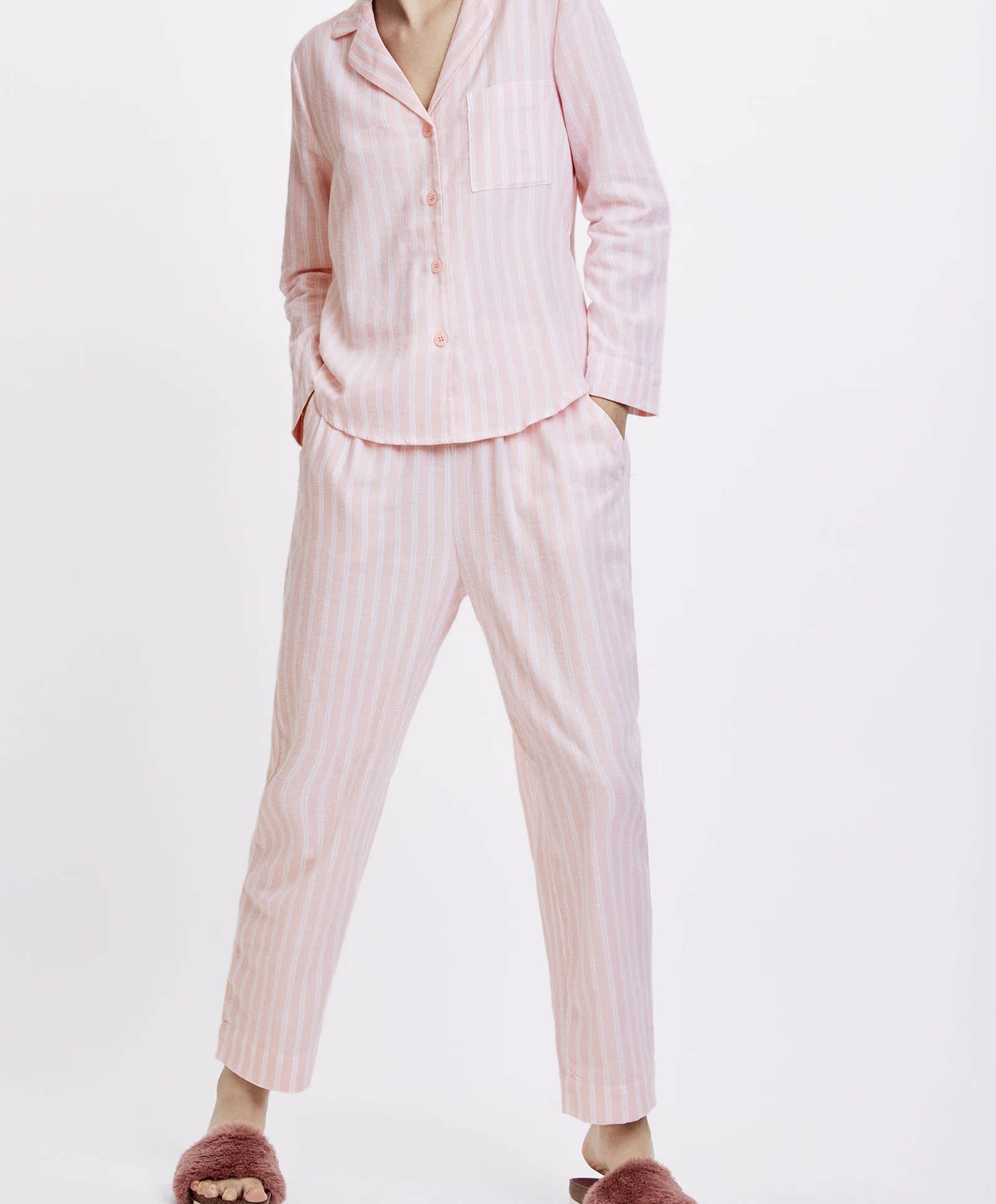 Oysho flannel màu hồng sọc giữa quần nhà cao cấp thoải mái đồ ngủ nhà nữ quần 30306624622 quần short nữ