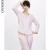 Oysho flannel sọc hồng dịch vụ tại nhà thoải mái áo pyjama dài tay 31080624622 áo kiểu nữ