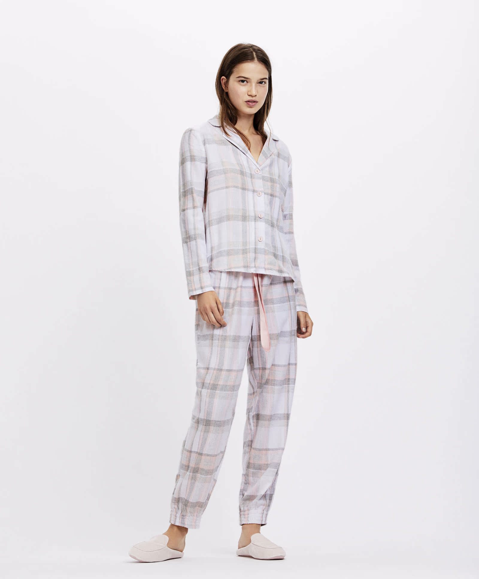 Oysho mùa thu và mùa đông giảm giá flannel hồng cao su ban nhạc kiểm tra mẫu quần cha quần quần legging nam