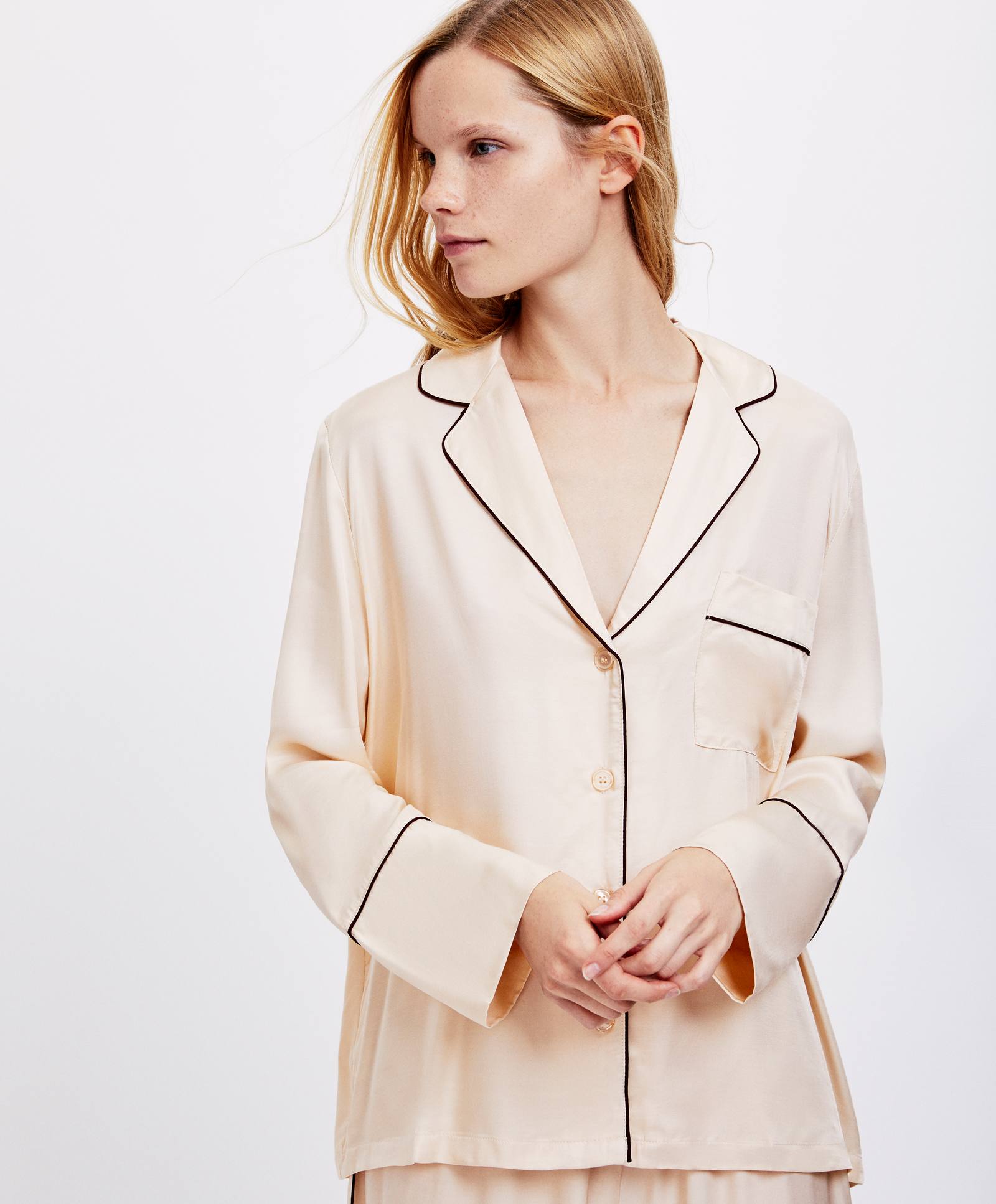 Oysho piping vanilla áo trắng nhà thời trang đồ ngủ phụ nữ thoải mái giản dị 31083632323 pijama ngắn tay