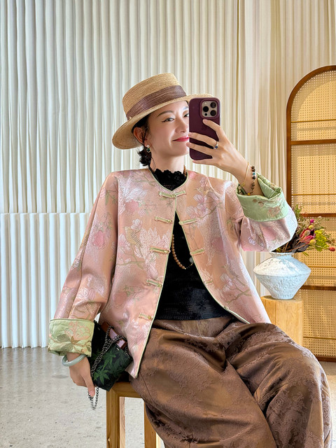 Floating Lotus [Magnolia Youth] Autumn New Chinese Style Luxurious Silk Jacquard Elegant Round Neck Magnolia Embroidered Jacket