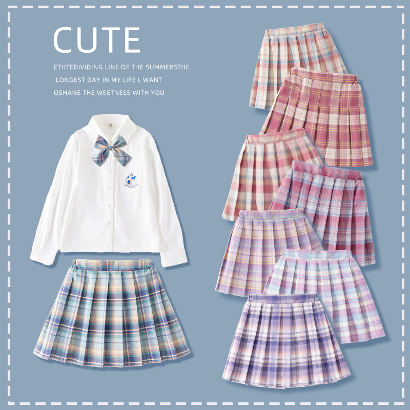 Children's JK uniform half-length pleated skirt plaid skirt college wind autumn short-sleeved girls baby autumn clothes