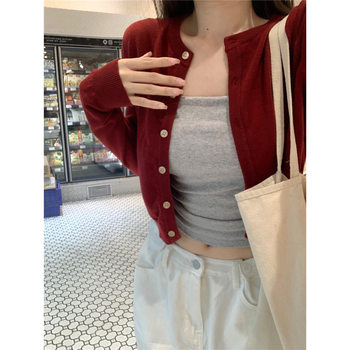 French style red thin sweater for women 2025 spring cardigan jacket slim fit knitted outer top